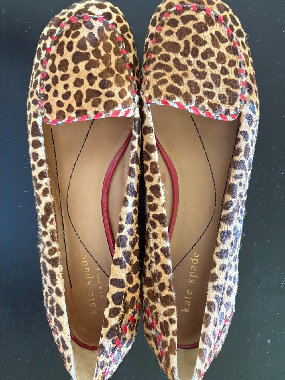 kate spade New York Leopard Print Loafers in Brown with Red Trim Sz 7-1/2